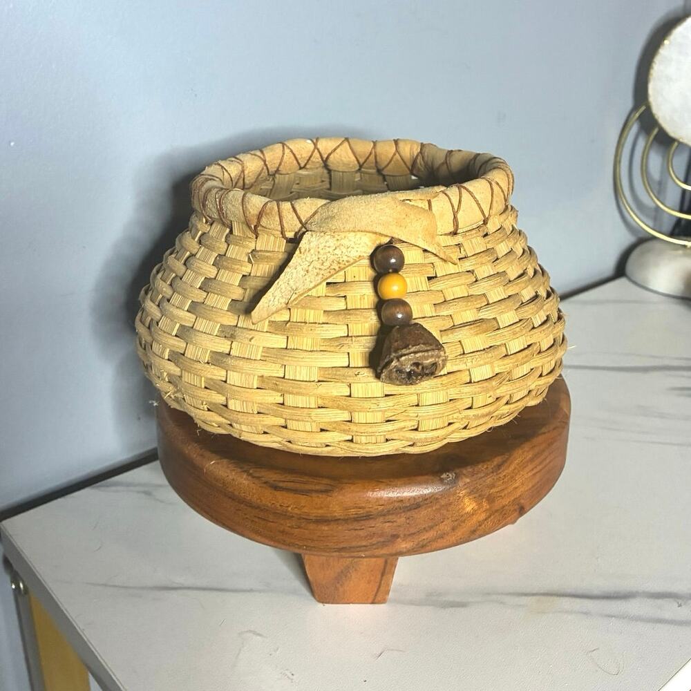 Handwoven Signed Basket by Joanne Brehmer Leather & Bead Accent Rustic Folk Art